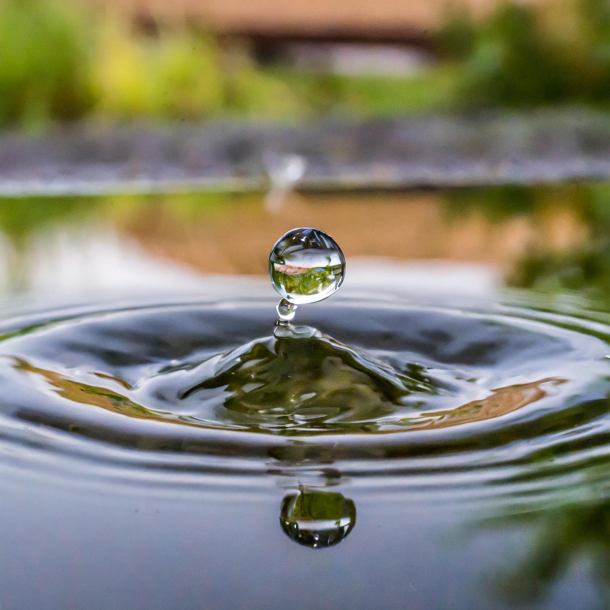 Närbild på en vattendroppe som landar på ytan av en blank vattenyta