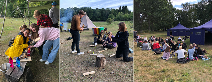 Elever på Tänk H2O! hugger ved och lagar mat över öppen eld